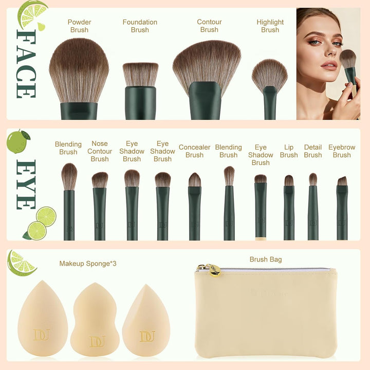 DUcare Make up Pinsel Set 14 Stücke mit 3 Make up Schwämmen und Kosmetiktasche – Limetten-Serie Prem