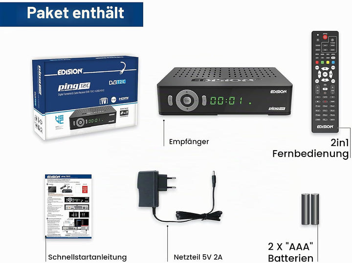 Edision PING T2 C Terrestrischer &amp; Kabel Receiver DVB-T2 C H.265 HEVC Kartenleser Full HD PVR, 2xUSB