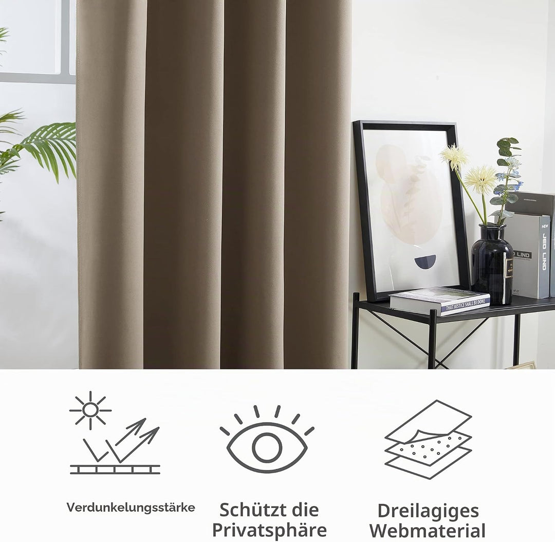 Deconovo Verdunkelungsvorhang Blickdicht Gardinen mit Ösen Wohnzimmer, 114x132cm(HöhexBreite), Taupe