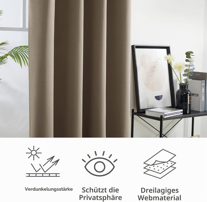 Deconovo Verdunkelungsvorhang Blickdicht Gardinen mit Ösen Wohnzimmer, 114x132cm(HöhexBreite), Taupe
