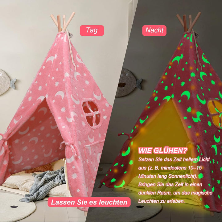 Tipi Zelt für Kinder, Tragbares Tipi Spielzelt,Drinnen Tipi Kinderzelt Rosa, Rosa