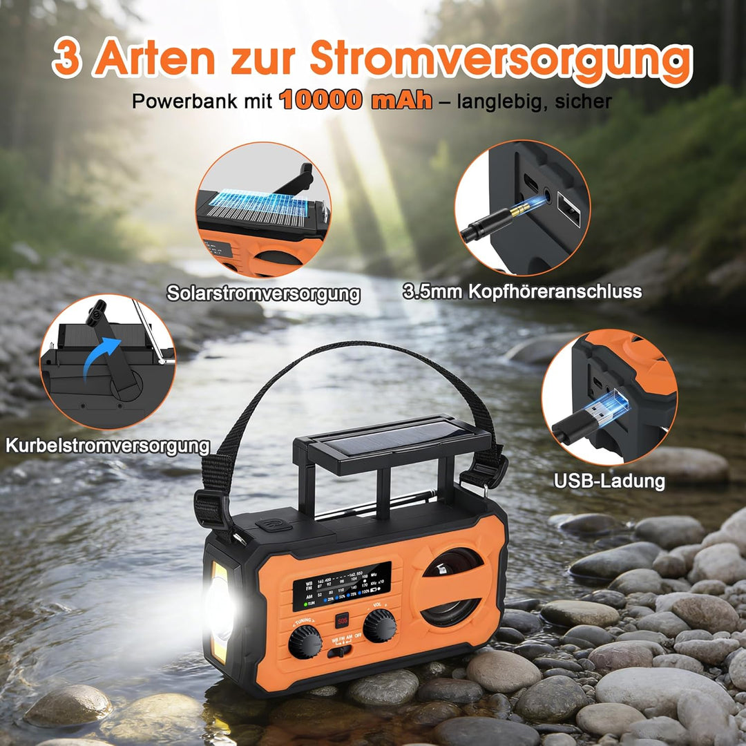 Kurbelradio, Tragbares Solarradio mit AM/FM, 10000mAh Powerbank, Notfallradio mit SOS-Alarm, LED-Tas