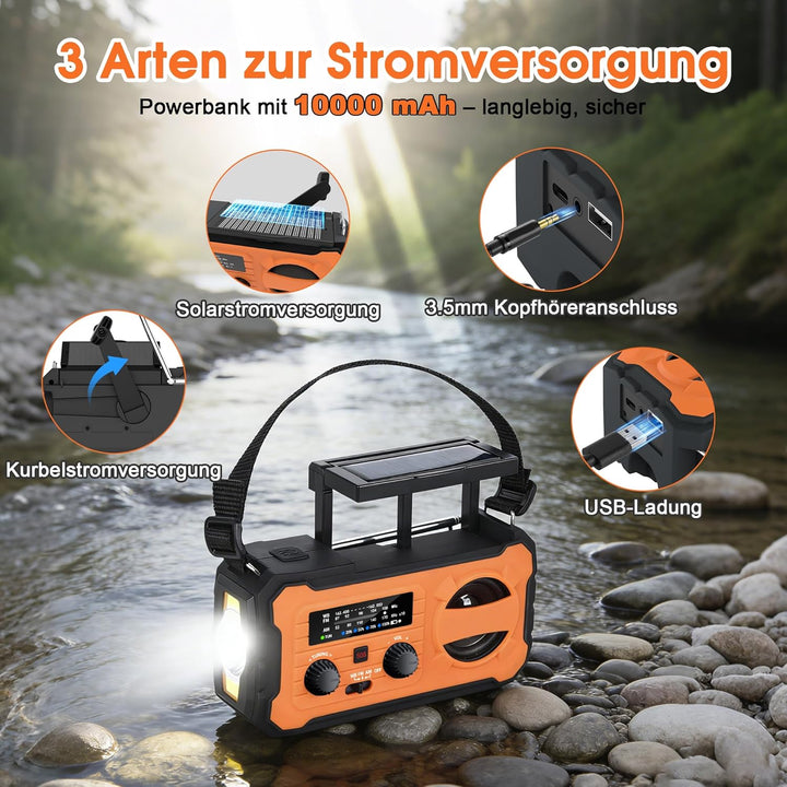 Kurbelradio, Tragbares Solarradio mit AM/FM, 10000mAh Powerbank, Notfallradio mit SOS-Alarm, LED-Tas
