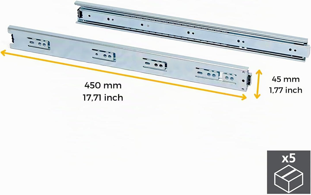 Emuca 3043505 Set Schubladenführungen, vollauszug mit Rollen 45 x 450 mm, Lot von 5, Verzinktem, 450