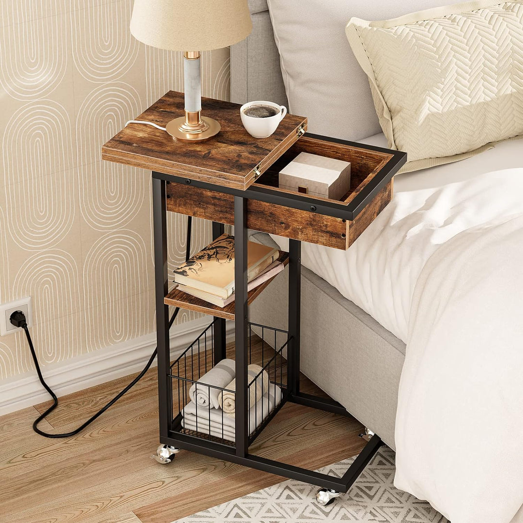 HOOBRO Beistelltisch mit Ladestation, Flip C-Form Sofatisch, Couchtisch mit Rädern und Ablagefläche,