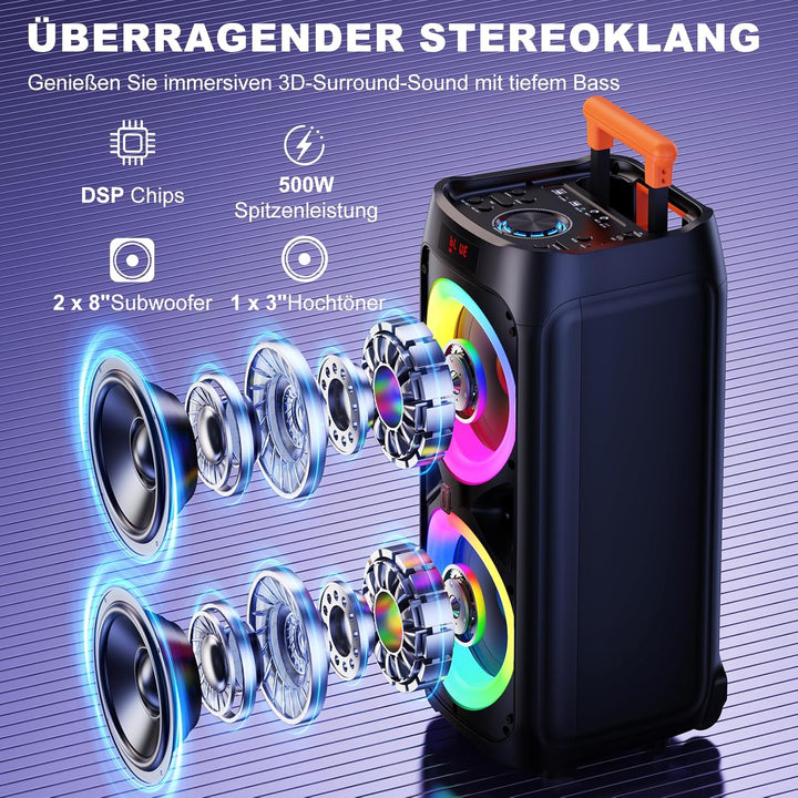 Karaoke Maschine mit 2 Mikrofones, grosser Tragbaren Bluetooth Lautsprecher mit RGB-Licht, Karaoke A