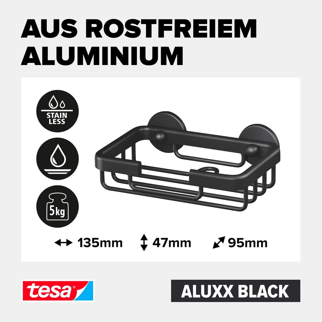 tesa ALUXX BLACK Seifenablage zur Wandmontage ohne Bohren, schwarz matt - für Bäder im Industrial St
