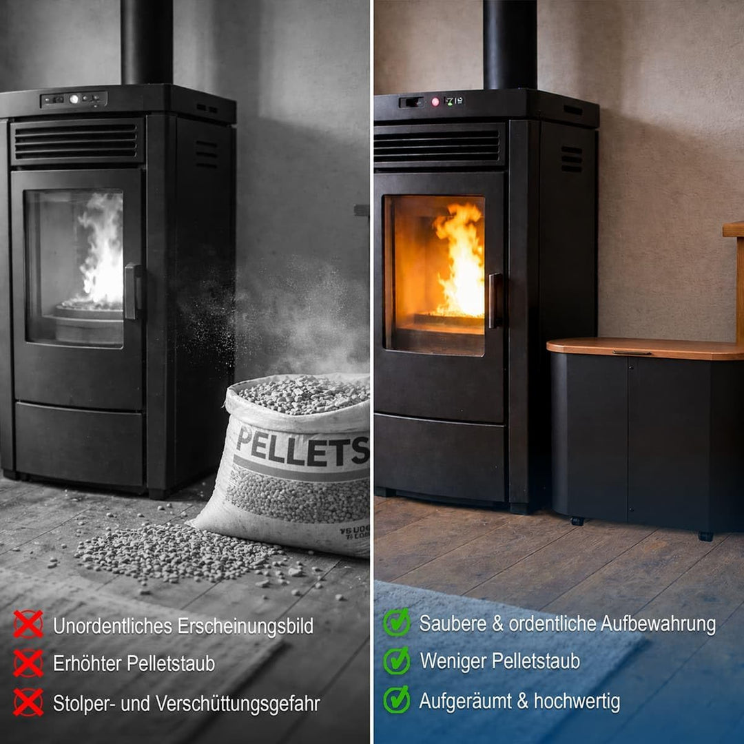 MS Beschläge Design Pelletstruhe mit Nussbaum Holzdeckel Holzkorb Schwarz beschichtet Pelletkorb mit