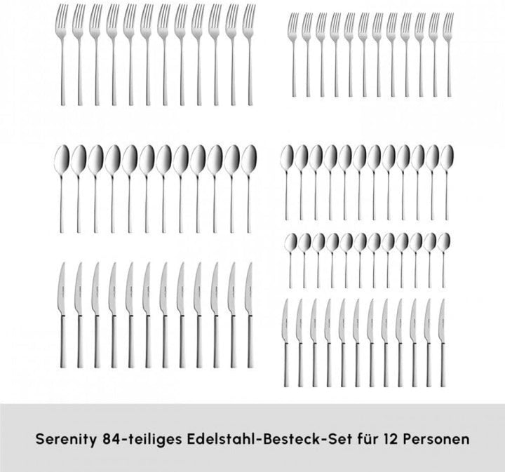 Karaca Serenity Elegance Besteck Set 12 Personen Spülmaschinenfest Essbesteck, 84 teilig Silver Best