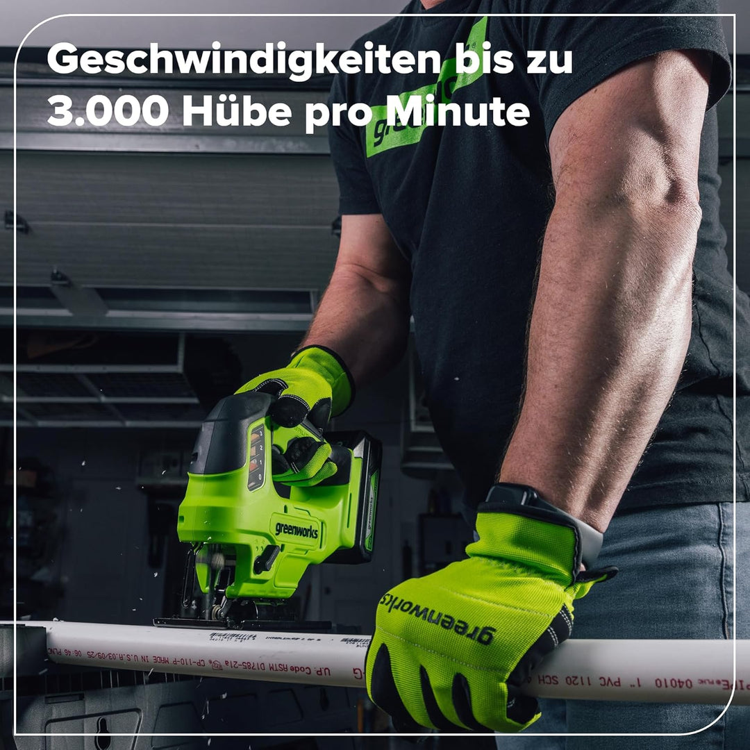 Greenworks 24V Akku-Bürstenlose Stichsäge, 3000spm, Neigungsverstellbar bis max. 45°, 4 Orbitaleinst