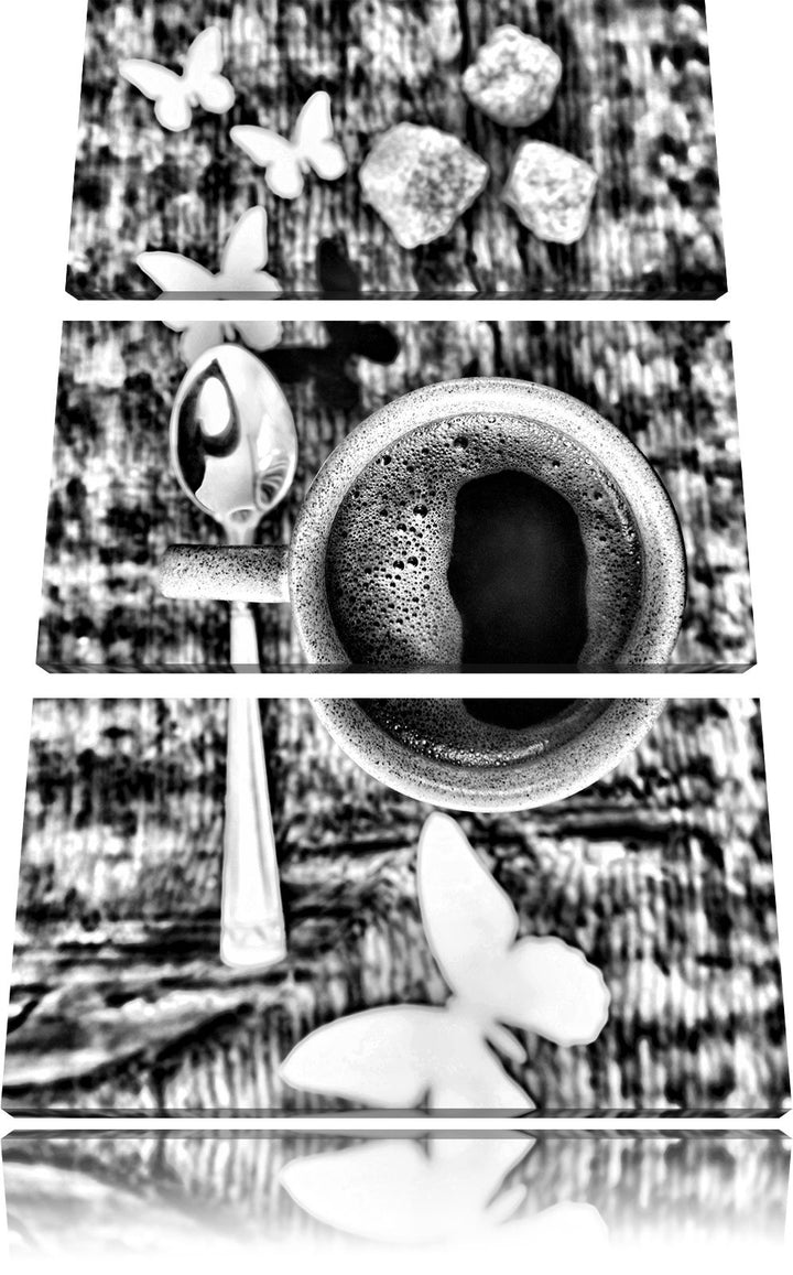 Pixxprint Monocrome, Espresso Schwarze Tasse Butterfly Schmetterling Kaffe 3-Teiler Leinwandbild 120