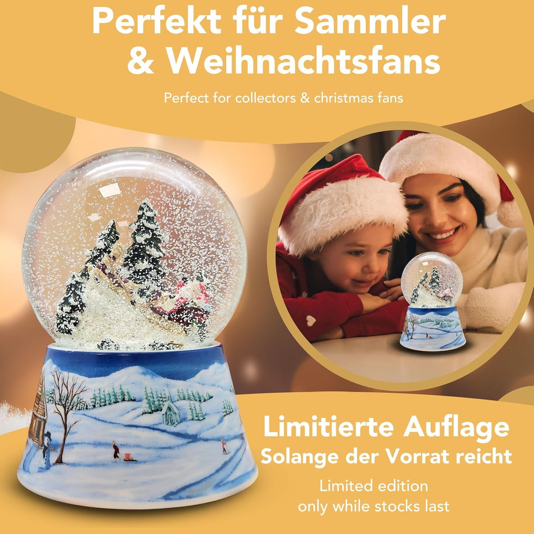 Schneekugel Weihnachtsmann im Schlitten auf Sockel nostalgische Schneelandschaft Mittelblau Weihnach