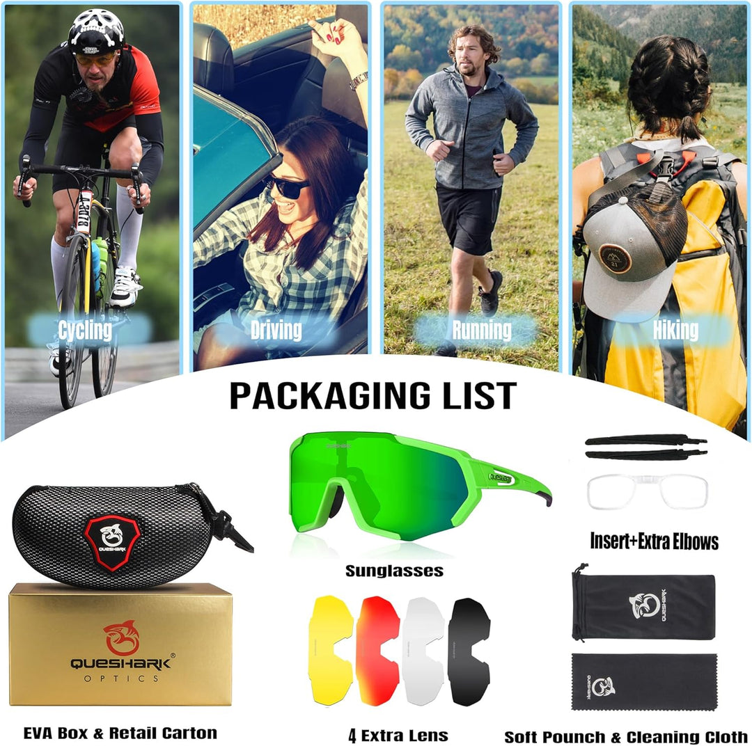 Queshark Sportbrillen Fahrrad Brillen Damen Herren Polarisierte UV400 Schutz mit 5 Wechselgläser Rad