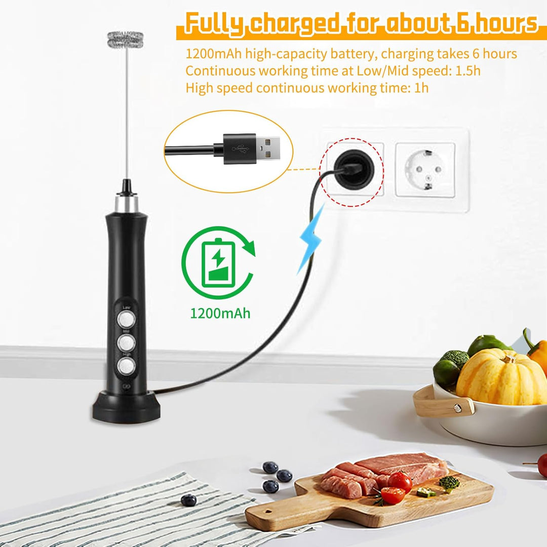 3 Gang Milchaufschäumer Elektrisch USB Wiederaufladbar mit 3 Quirl, Edelstahl Melektrischer Schneebe
