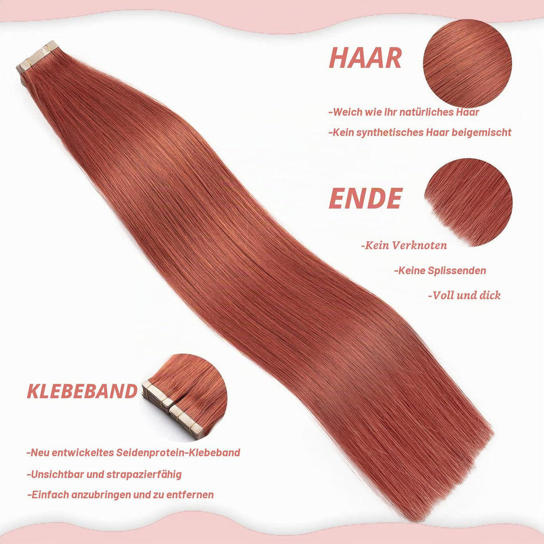 HotLulana Tape Extensions Echthaar Copper Red(