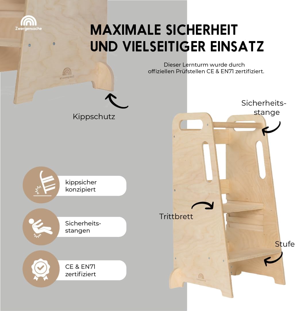 Lernturm ab 1 Jahr – Höhenverstellbar ohne Werkzeug – Kinder-Küchenhelfer, Lernturm aus Holz – kipps
