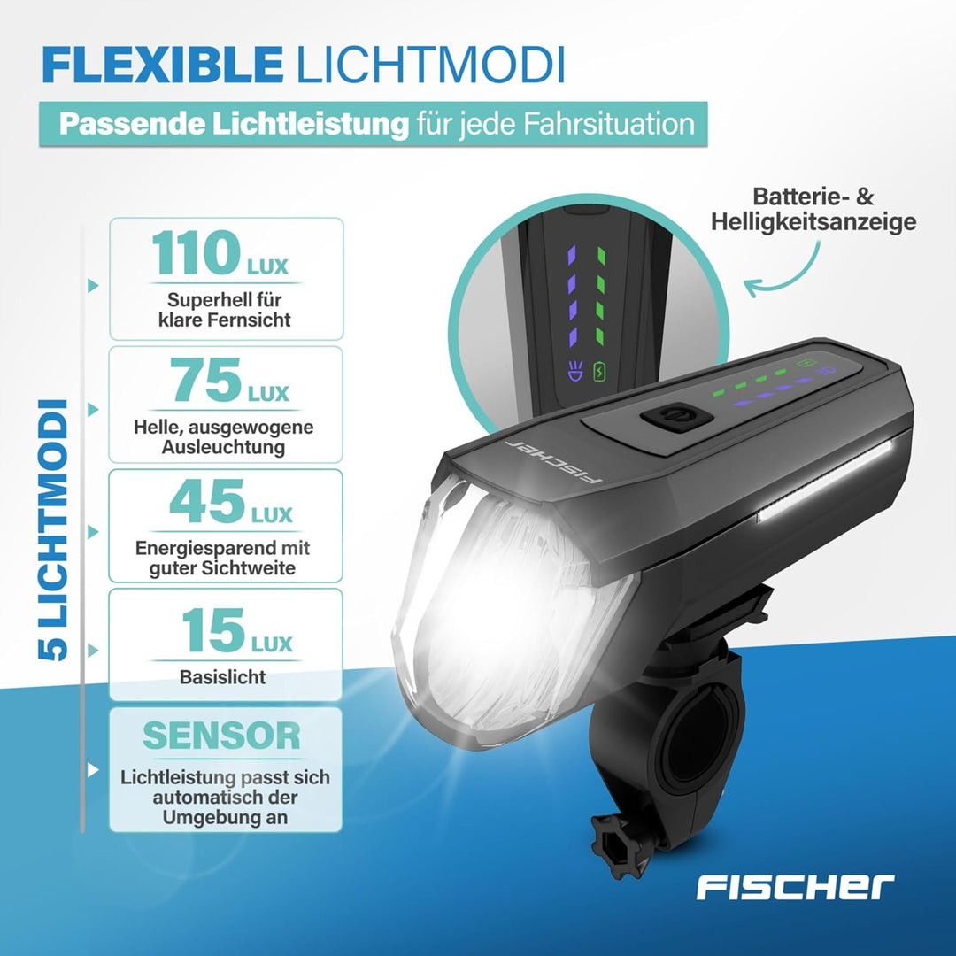 FISCHER Fahrrad LED-Frontlicht 110 Lux, mit Sensormodus, Leuchtweiteneinstellung, bis zu 20 Stunden