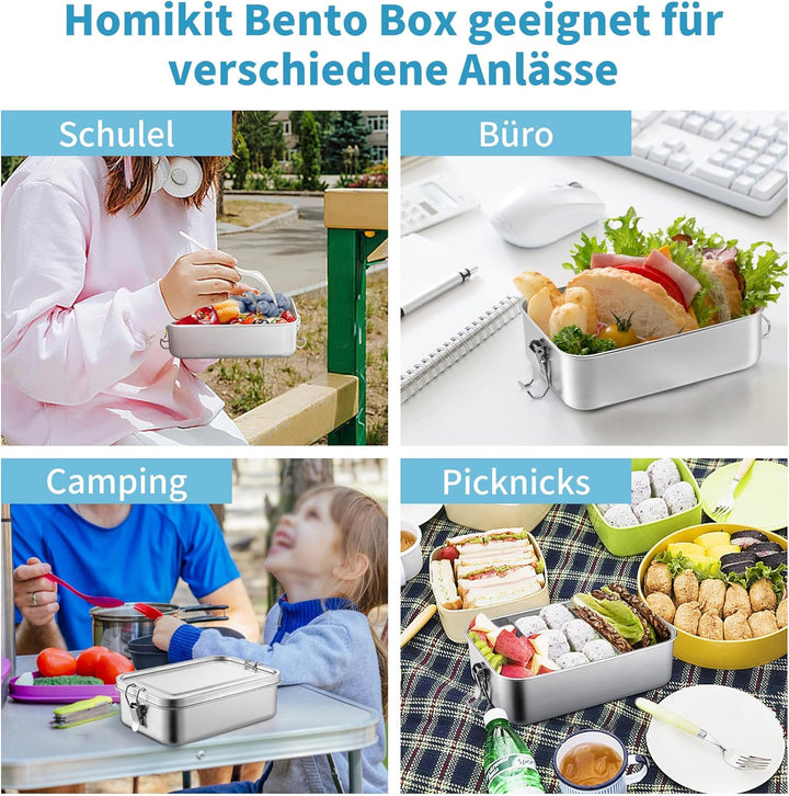 Homikit Edelstahl Brotdose mit 2 Fächern, 850ml Bento Box mit Tasche für Kinder und Erwachsene, Ausl