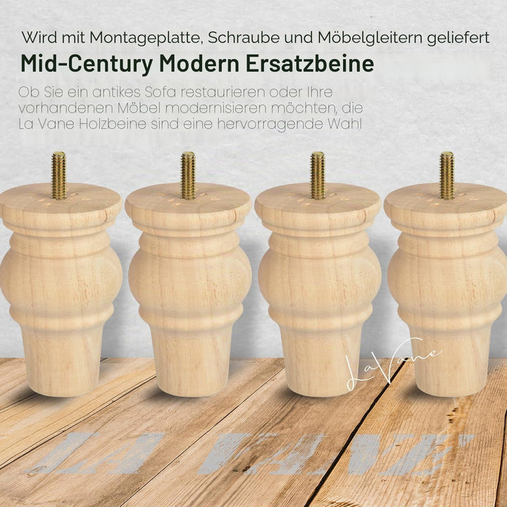 LA VANE 4 Stück Möbelfüsse aus Massivholz - 10cm Höhe, Unlackiert, Spindelform mit M8 Bolzen & Monta
