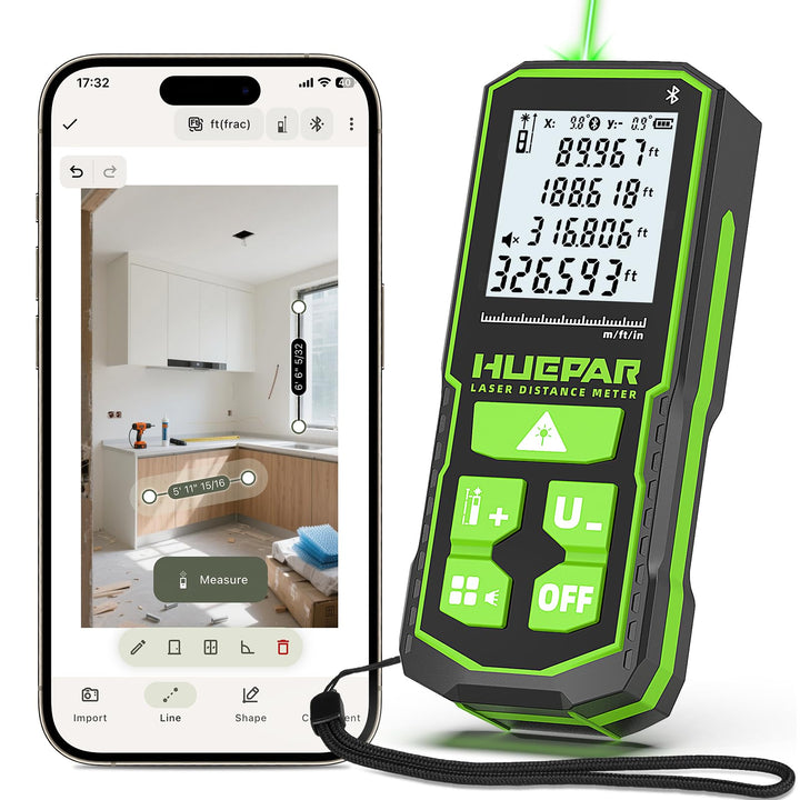 Huepar 100 m Reichweite, grünes Laser-Entfernungsmessgerät mit Bluetooth-App-Steuerung | 5 Jahre Gar