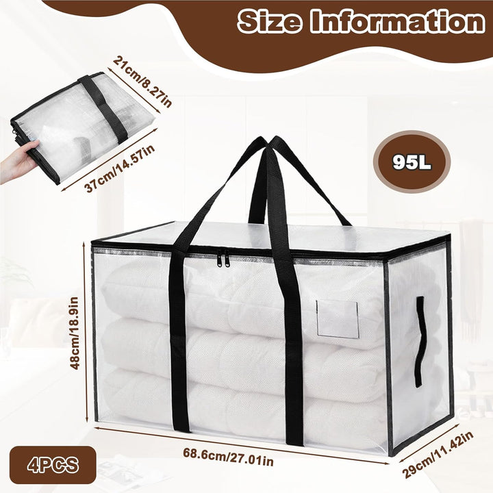 4Pcs 95L Gross Aufbewahrungstasche mit Deckel & Reissverschluss Griff, Faltbare Durchsichtige Umzugs