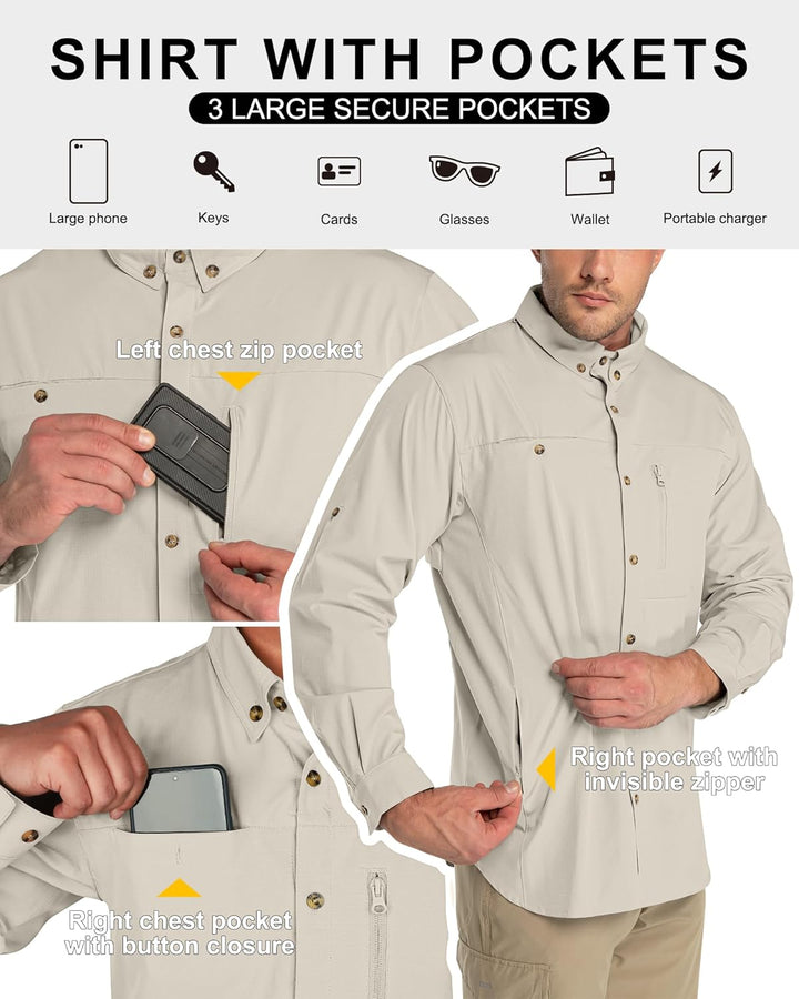 33,000ft Safari Hemd Herren Langarm Sportshemd UPF50+ UV Schutz Funktionshemd Atmungsaktiv Button-Do