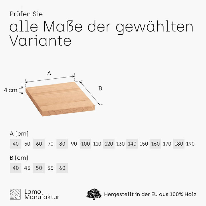 LAMO Manufaktur Waschtischplatte, Holzplatte Waschtisch, Nachttisch 40x40 cm (AxB), Natur, ohne Mont