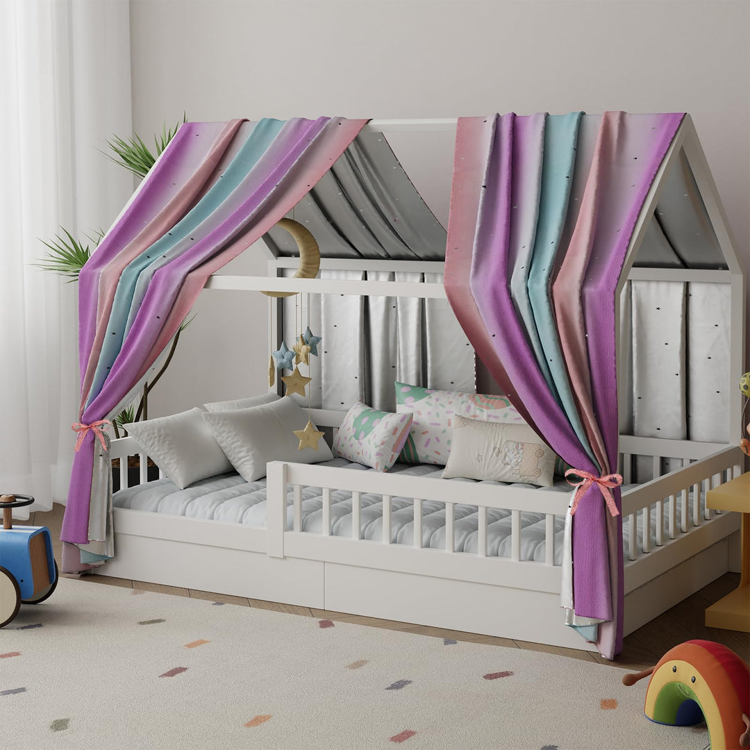 Hausbett Himmel, 2er Set Regenbogen Betthimmel Hausbett – mit ausgestanzten Sternen, Stoffhimmel für