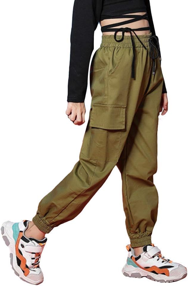 Kinder Cargo Hose Elastische Taille Jogger Hose für Jungen Mädchen Street Hip Hop Armee-grün 122-128