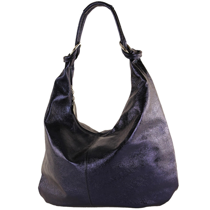 modamoda de 337 Damen Leder Schultertasche Shopper Large handmade in Italy Blauviolett-metallic, Bla