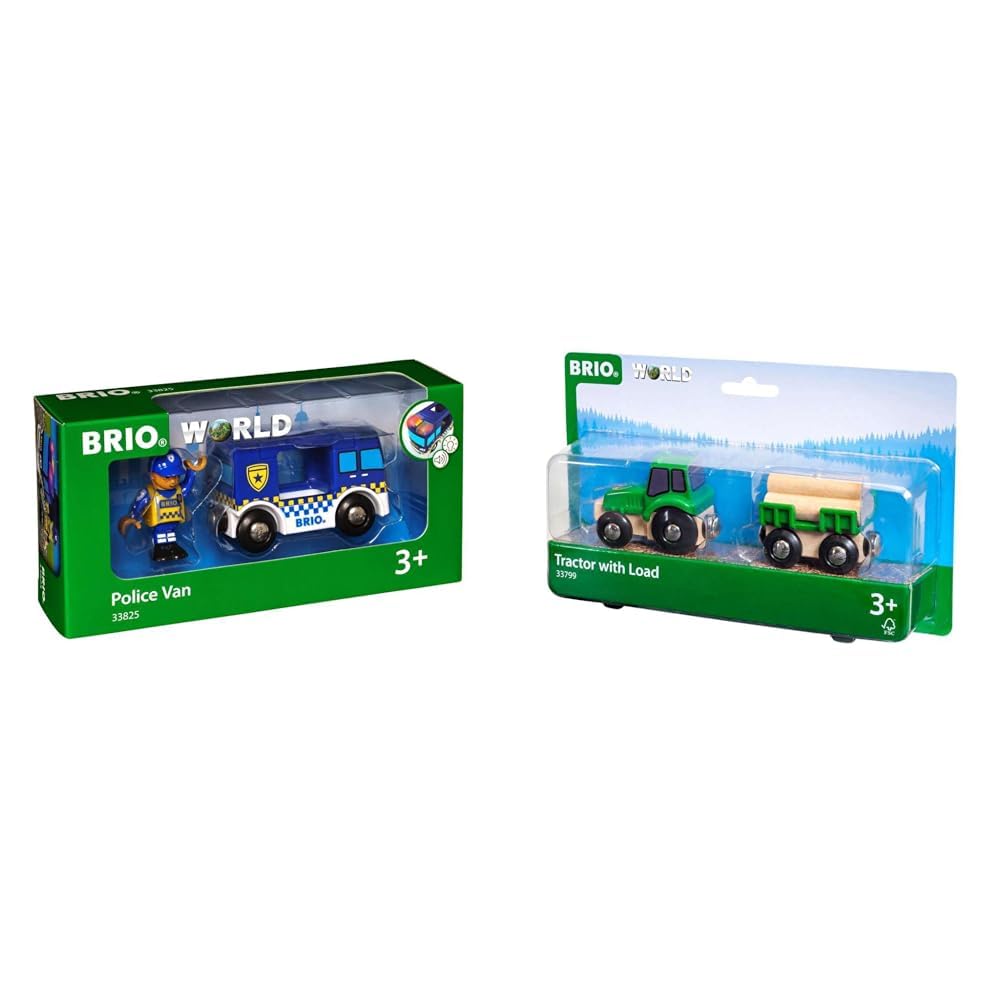 BRIO Bahn 33825 - Polizeiwagen mit Licht und Sound & Bahn 33799 - Traktor mit Holz-Anhänger Polizeiw