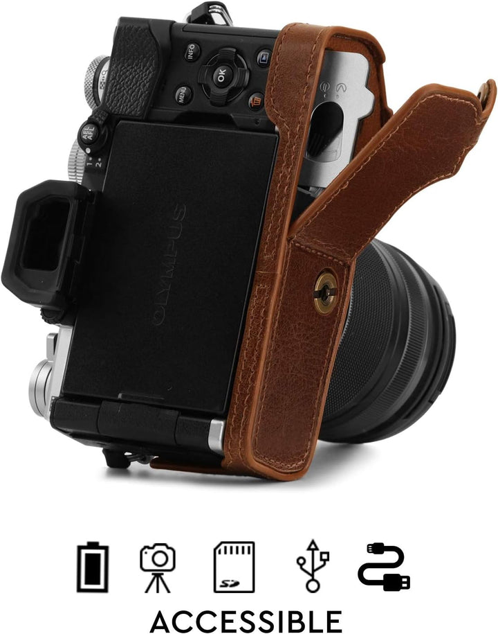 MegaGear MG1865 Ever Ready Kameratasche für Olympus OM-D E-M5 Mark III, Echtleder, Braun, Braun