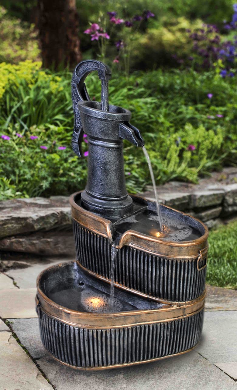 Wehmann Gartenbrunnen Cornwall Terrassenbrunnen mit Beleuchtung, Altmessing / Schwarz