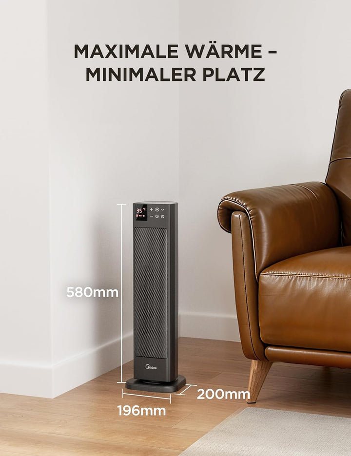 Midea NTH20-22ER(GR) Elektroheizung Keramik 2000W mit Thermostat & Fernbedienung, 58 cm, 3 Modi 24h-