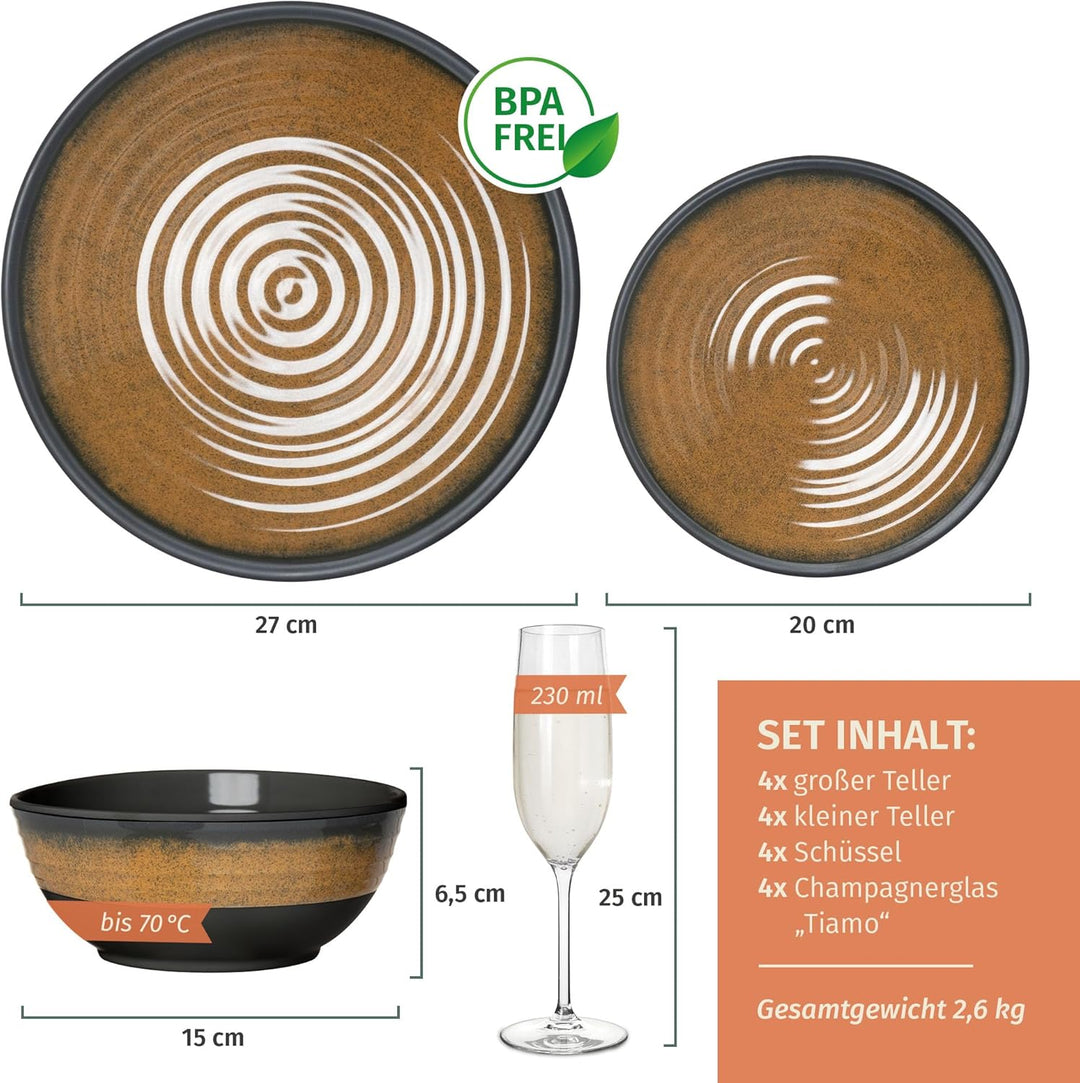 Melamin Camping Geschirr Set 4 Personen Stone Curry + 4 Timo Champgner Gläser Flûtes Tafelgeschirr P