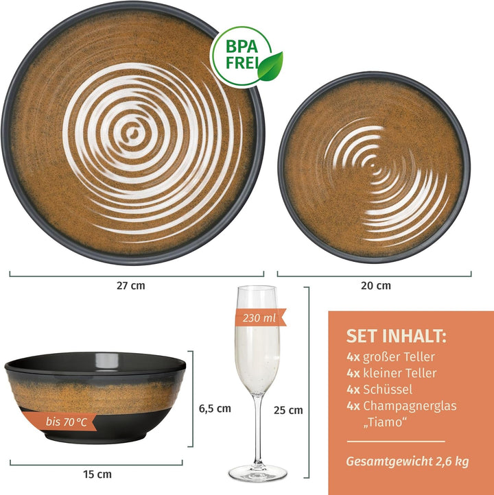Melamin Camping Geschirr Set 4 Personen Stone Curry + 4 Timo Champgner Gläser Flûtes Tafelgeschirr P