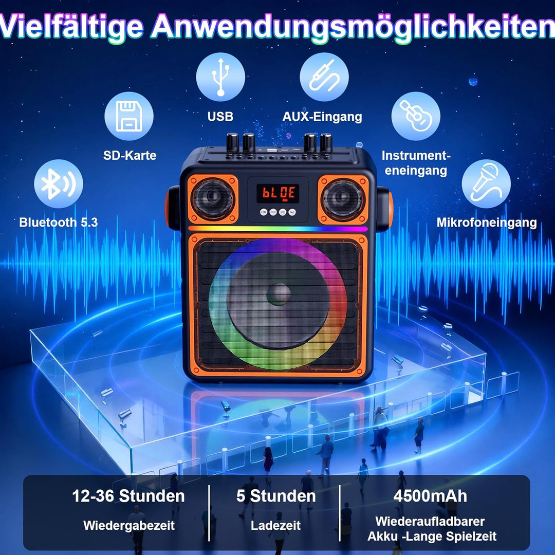 Karaoke Maschine mit 2 Mikrofone, GuKKK Tragbaren Bluetooth Lautsprecher Box und DJ-Lichtern für Erw