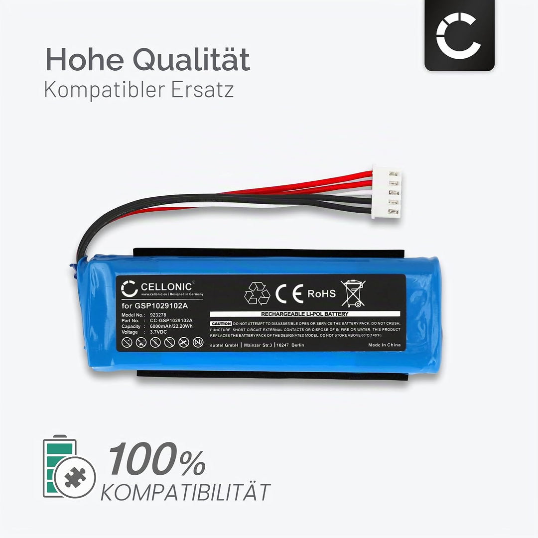 CELLONIC, Lautsprecherakku kompatibel mit JBL Charge 3 (2016) (6000mAh, 3.7V) Ersatzakku GSP1029102A