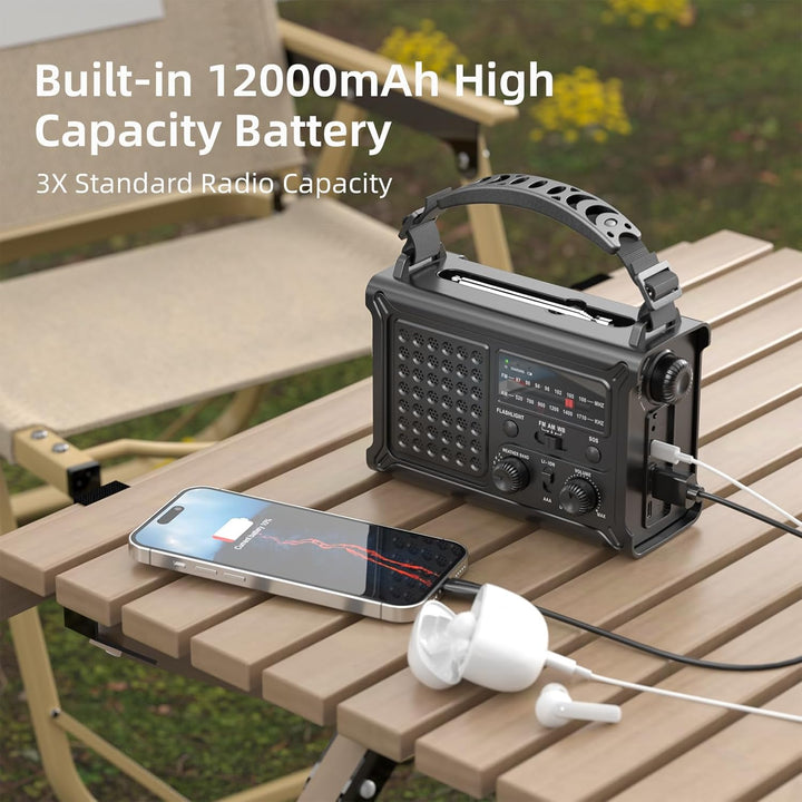 12000mAh Solar Kurbelradio, Tragbar Weltempfänger Radio, Notfallradio mit AM/FM Empfang & 8500mm² So