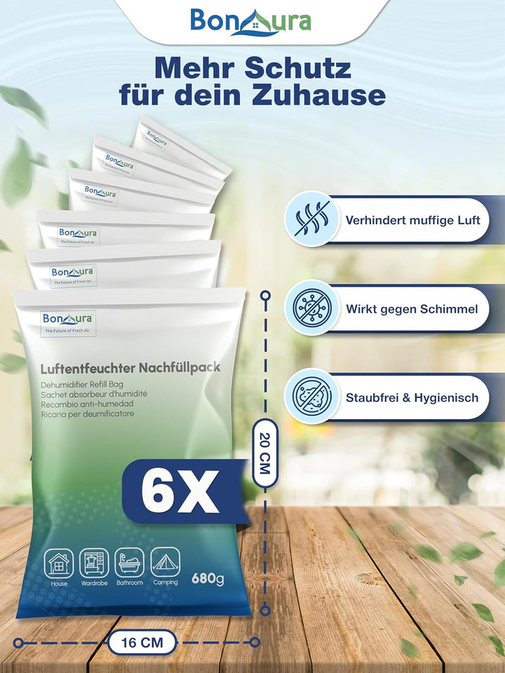 BonAura® AirOne Luftentfeuchter Nachfüllpack I 6er Set 680g Luftentfeuchter Granulat I Entfeuchter N