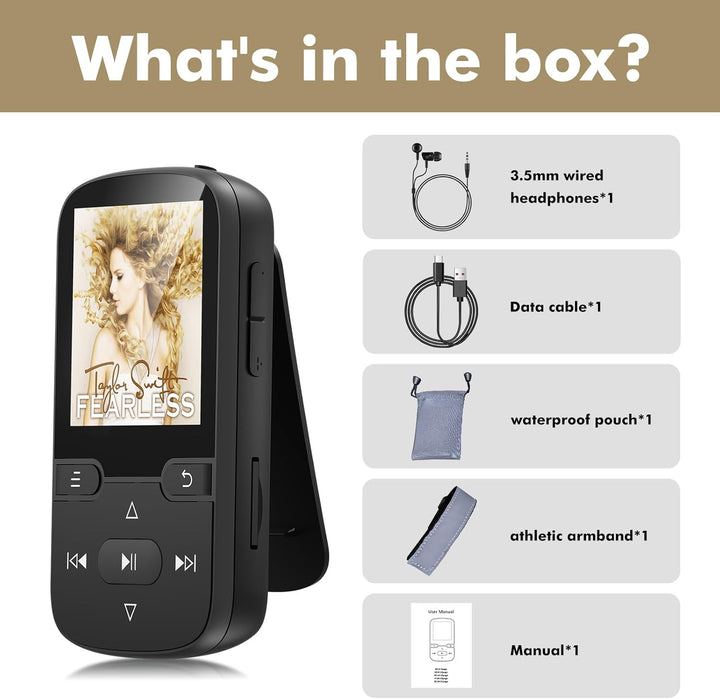 64 GB MP3 Player Bluetooth 5.3 mit Clip Kinder Tragbarer HiFi-Sport-Musikplayer (28g), FM-Radio, Sch