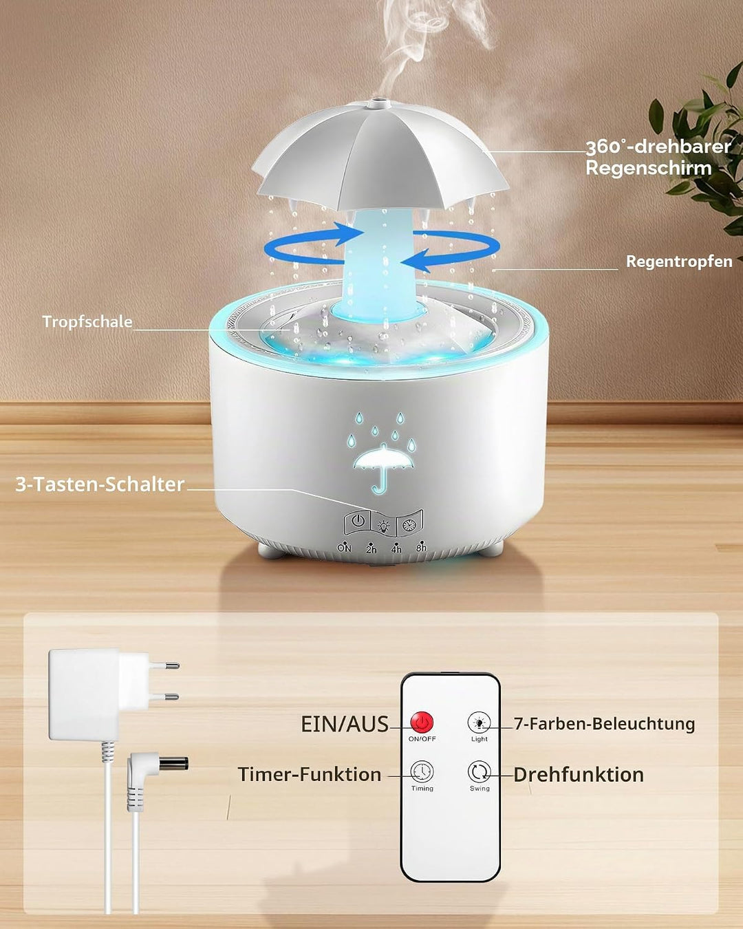 Luftbefeuchter Schlafzimmer 300ML, Aroma Diffuser Rotierender Regentropfen Humidifier Luft, 7-Farben