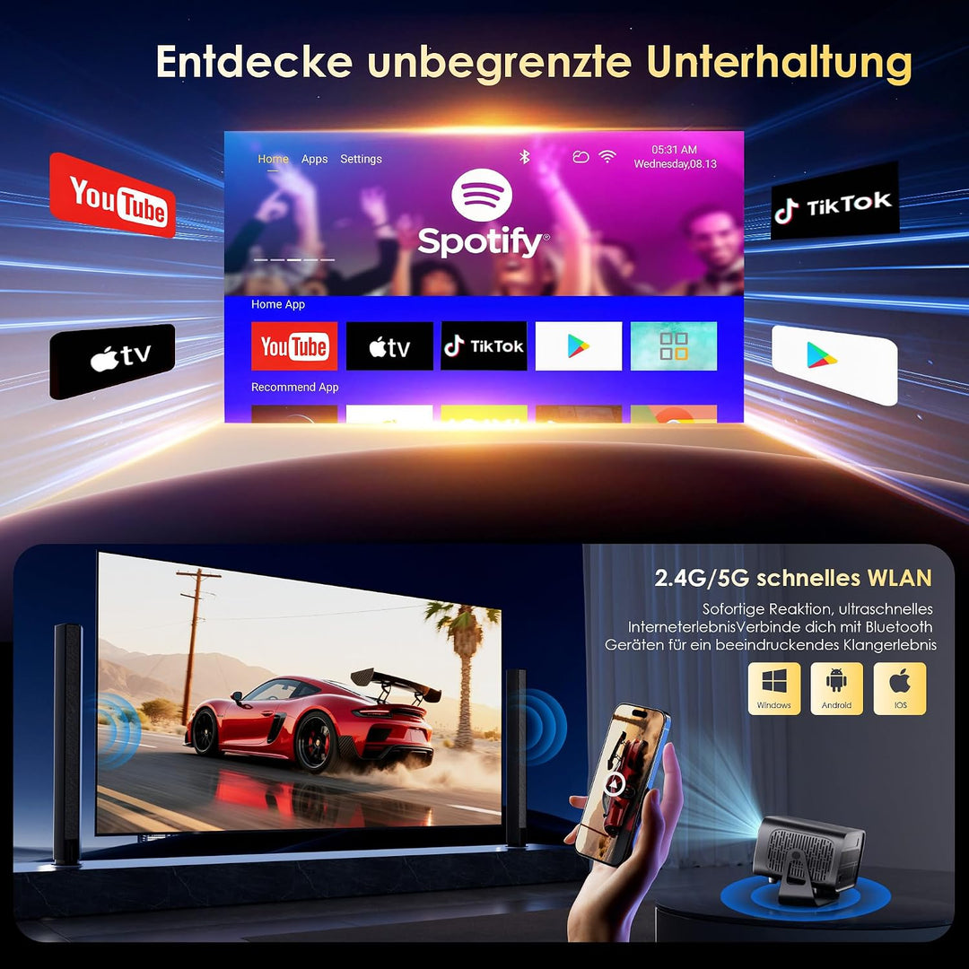 Mini Beamer 4K Smart Beamer【Offizielle App】mit Full HD 1080P, 1000 Lumen, Autofokus und Trapezkorrek