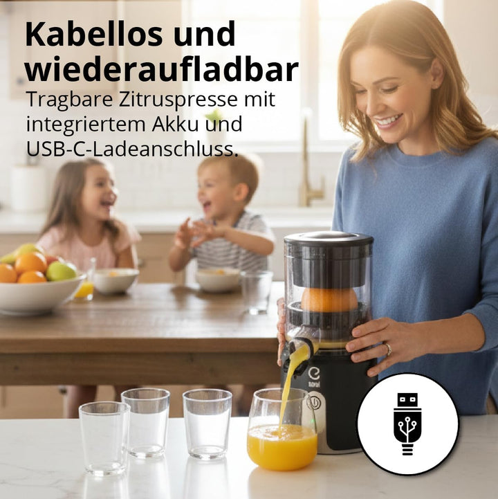 Eurel Akku Zitruspresse OA42, Kabellos USB-C, 7,4V/2200mAh, BPA-frei, grosser Presskegel, Tropfstopp
