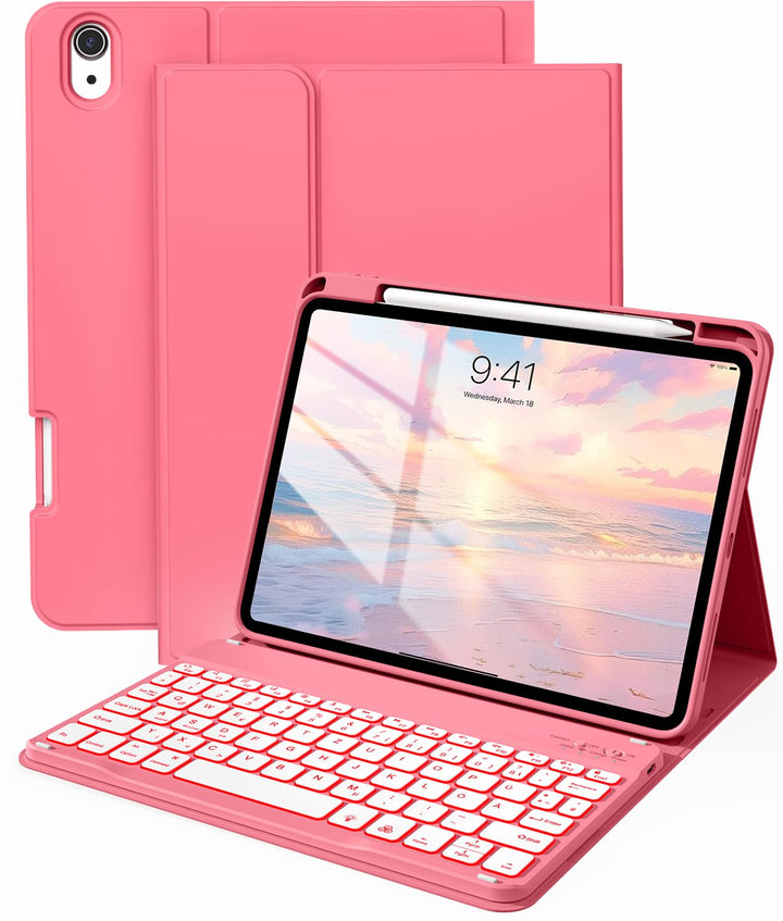 Hülle mit Tastatur für iPad A16 11/10 Generation (2025/2022, 11/10.9 Zoll) 7-Farben Beleuchtung Magn
