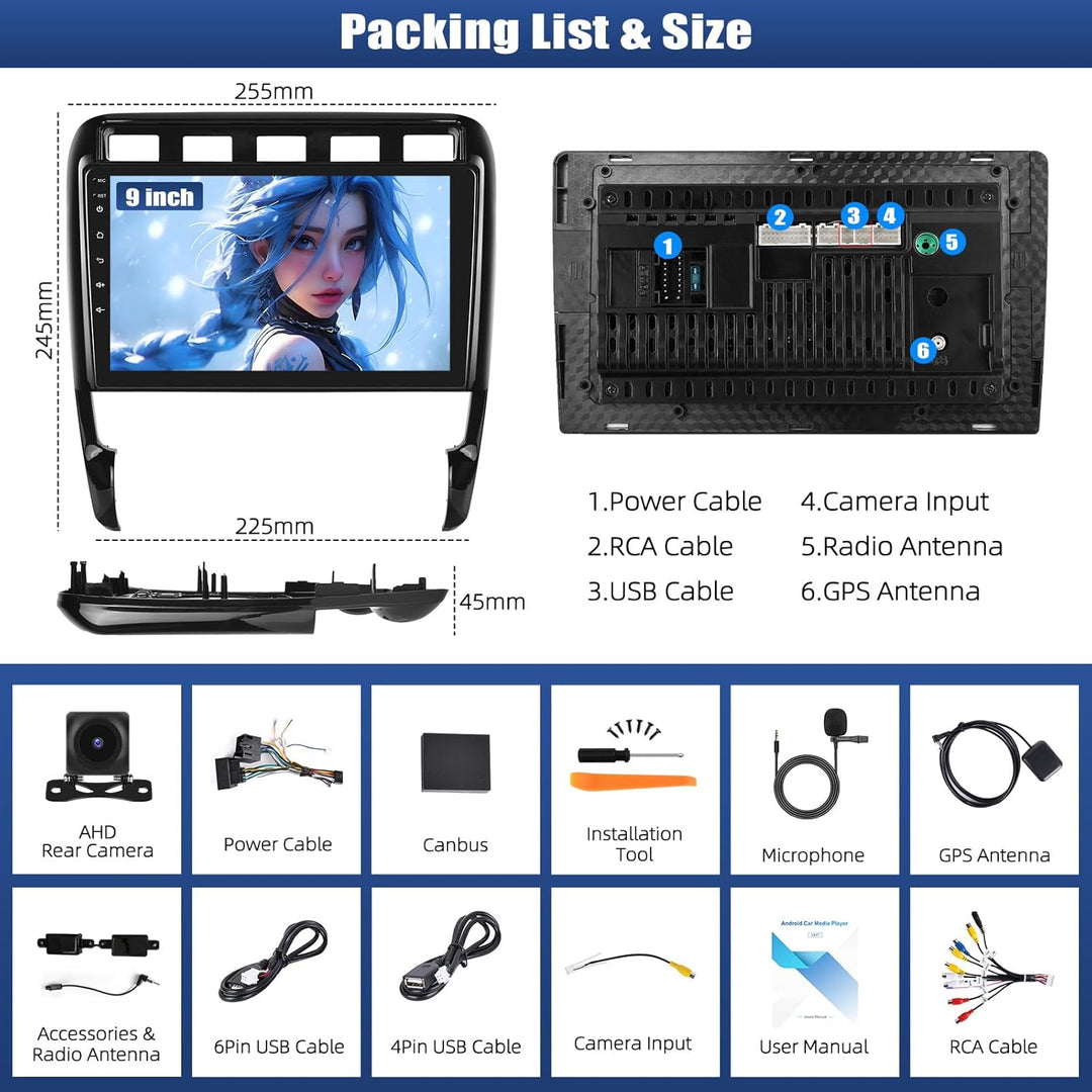 CAMECHO 4+64G Android 15 Autoradio für Porsche Cayenne 2002-2010 mit Rückfahrkamera, 9 Zoll Bluetoot