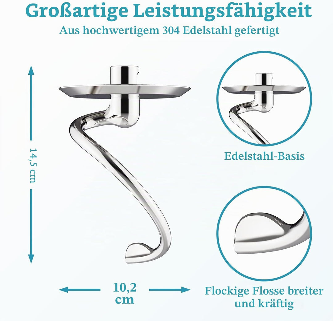 Knethaken aus Edelstahl für KitchenAid Standmixer, passend für 4,5–5 Qt Kippkopf-Standmixer-Aufsätze