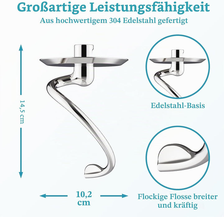 Knethaken aus Edelstahl für KitchenAid Standmixer, passend für 4,5–5 Qt Kippkopf-Standmixer-Aufsätze