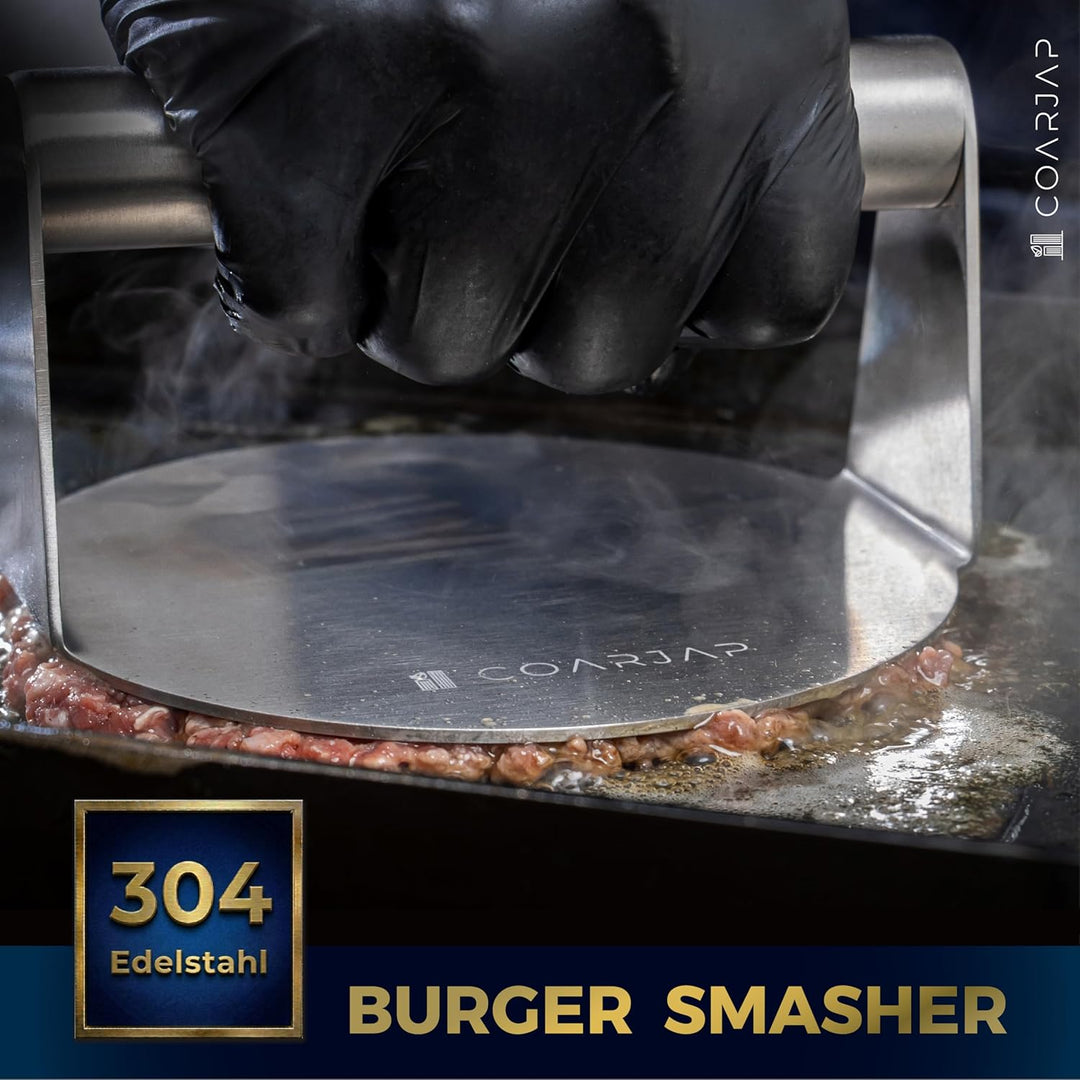 Smash Burger Set Premium 7-teilig – Burgerpresse, Grillspachtel & Scraper, 2 Burgerglocken, Gewürzst