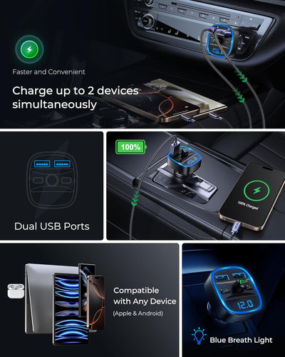 LENCENT Bluetooth FM Transmitter Auto, Adapter für Auto Radio, Freisprecheinrichtung, 2 USB Ports, U